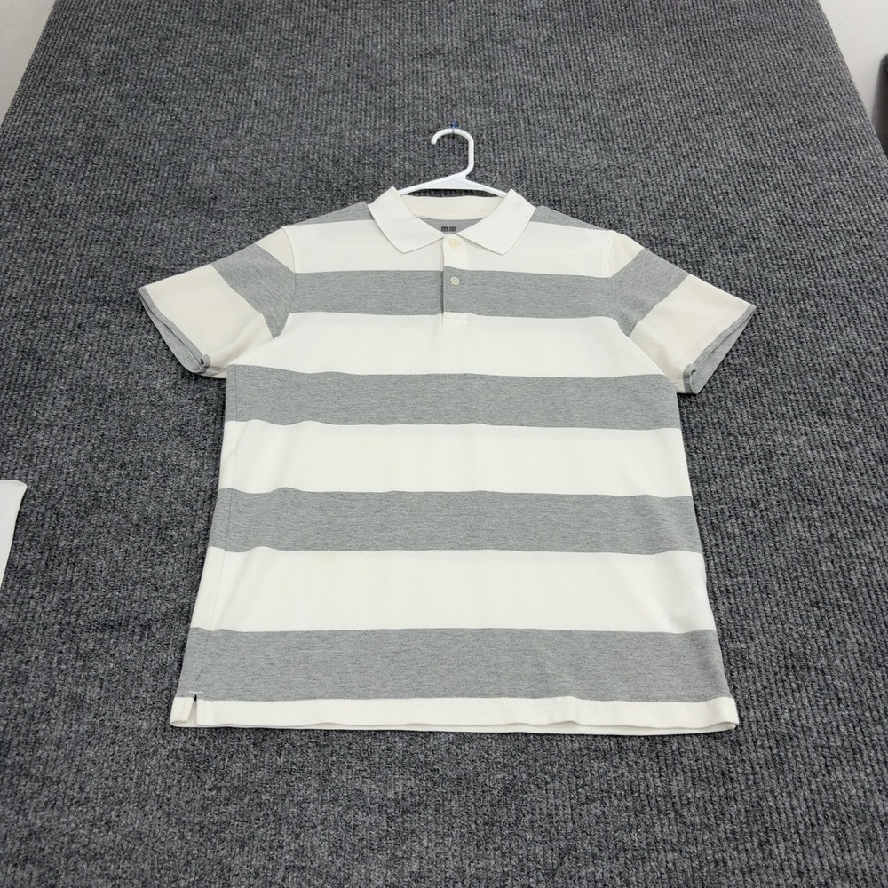 Uniqlo Polo Shirt Mens M Gray White Cotton Striped Short Sleeve Casual Preppy
